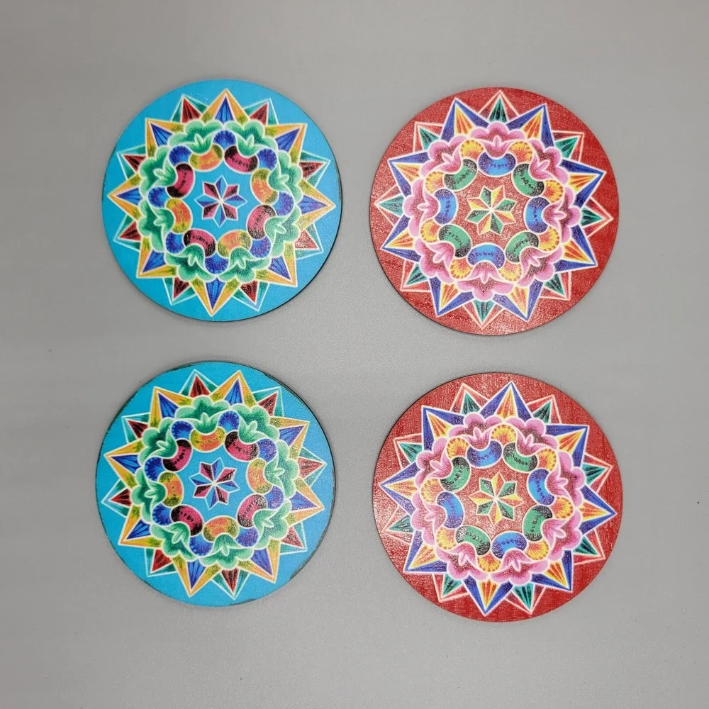 4 Piece Decorative Coaster Set Boho Folk Art Print Table Decor